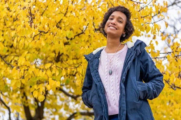 Afro girl in autumn park outdoors smiling — Stock Photo, Image