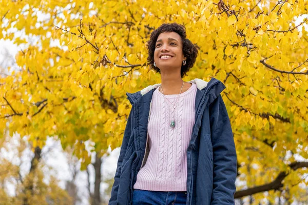 Afro girl in autumn park outdoors smiling — Stock Photo, Image