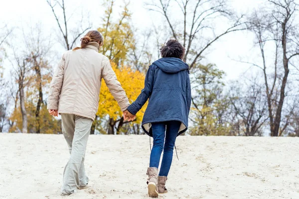 Chico con un afroamericano chica en amor en otoño parque caminar al atardecer — Foto de Stock