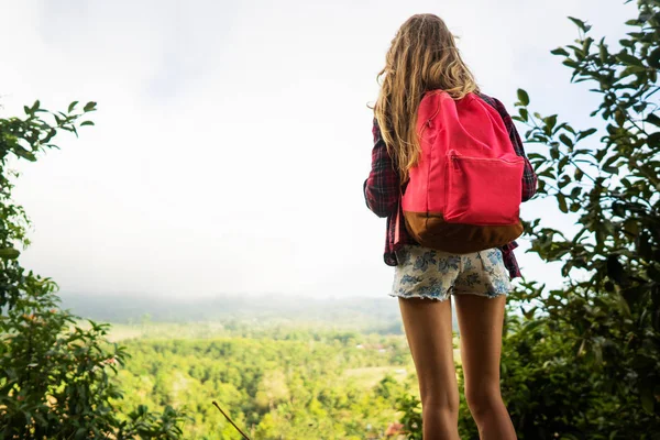 Chica turista con una mochila en las montañas se para con su espalda —  Fotos de Stock
