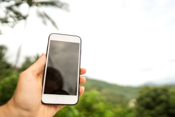 Handy in der Hand eines Kerls gegen tropische Palmen — Stockfoto