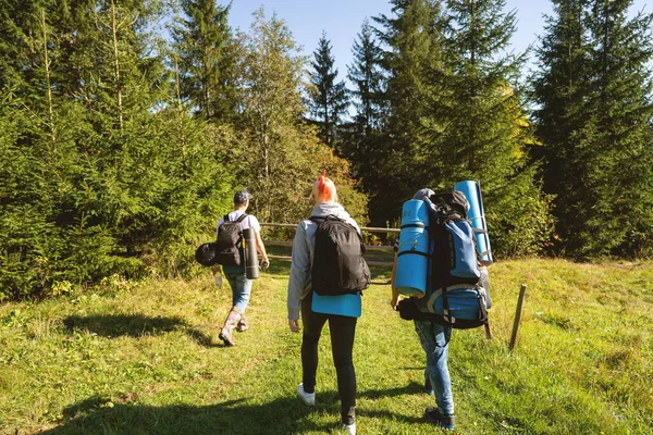 Gli Escursionisti Vanno Montagna Durante Escursione Tramonto Ecoturismo — Foto Stock