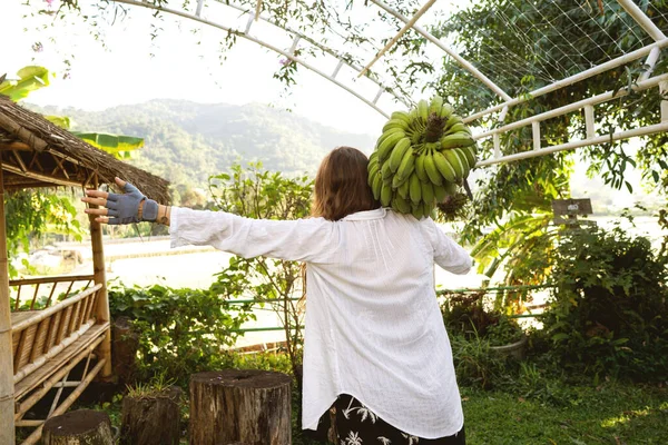 지방에 소녀가 야자나무 사이에 바나나 가지를 — 스톡 사진