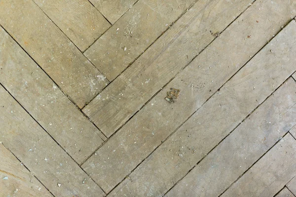 A close-up of an old gray faded parquet covered with dust and dirt. Result of repair. Cleaning and cleaning required — Stock Photo, Image