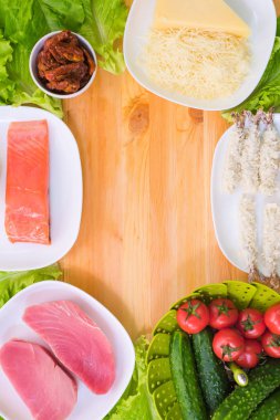 Boş kopya alanı merkezi ile designer için alay et. Yunan mutfağı. Deniz lezzetler ve Yeşiller