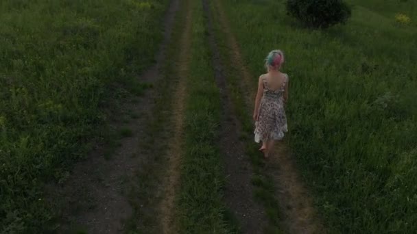 Cheerful Young Girl Walking Barefoot Country Road Aerial Viewl Taken — Stock Video