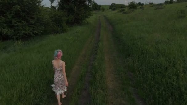 陽気な若い女の子が裸足で歩く国の道路上。空中 viewl。Mavik 空気 4 k で撮影した 100 kbps — ストック動画