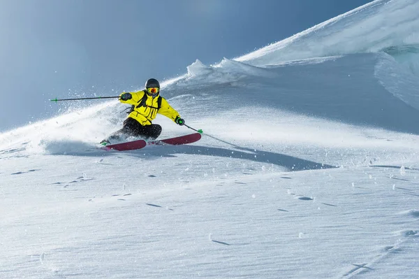 O comprimento total de esqui em pó de neve fresca. esquiador profissional fora da pista em um dia ensolarado — Fotografia de Stock