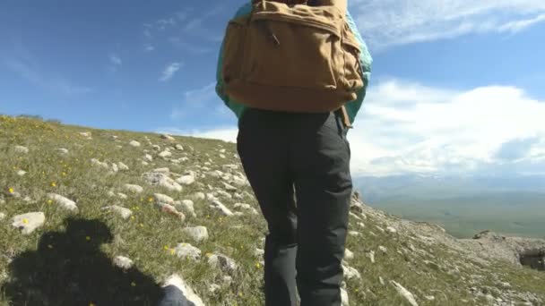 Uma rapariga a andar de chapéu por trás. Um turista com uma mochila caminha ao longo de um planalto rochoso até o penhasco para admirar a vista. Movimento lento 4k — Vídeo de Stock