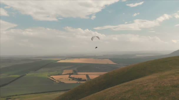 Αθλητής αλεξίπτωτο πετάει στο παραπέντε του δίπλα από τα χελιδόνια. Παρακολούθηση γυρίσματα από το drone — Αρχείο Βίντεο