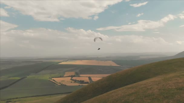 Idrottsman paraglider flugor på hans paraglider bredvid sväljer. Uppföljning skytte från drönaren — Stockvideo