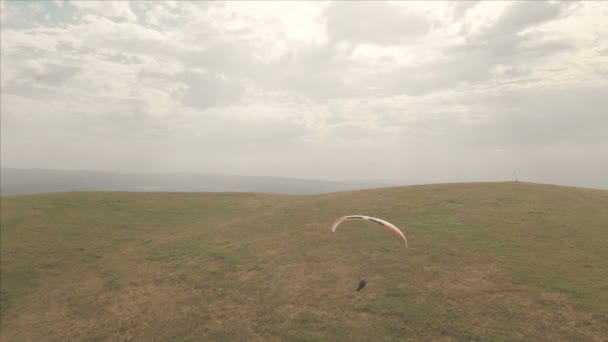 Athlete paraglider flies on his paraglider next to the swallows. Follow-up shooting from the drone — Stock Video