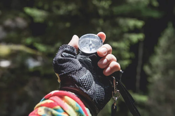 Een gehandschoende hand houdt een magnetisch kompas tegen de achtergrond van een naaldhout bos. Het concept van outdoor navigatie — Stockfoto