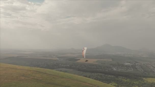 Atleet paraglider vliegt op zijn paraglider naast de zwaluwen. Follow-up van de drone schieten — Stockvideo