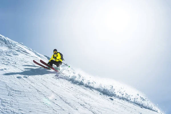 Загальна довжина катання на лижах на свіжому сніговому порошку. Професійний лижник за межами траси в сонячний день — стокове фото
