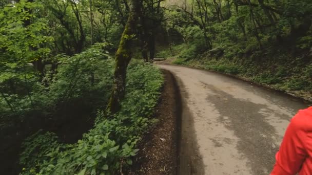 Genç çekici kadın kulaklık önünde akıllı izlemek veya yeşil orman yol koşu psole ayarlarını değiştirme — Stok video