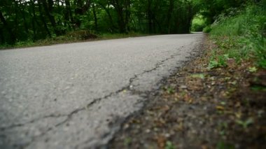 Bir güzel kız sarışın Kulaklığımda ortalama planı kamera ormanın içinde geçmiş çalışır. Düşük açılı