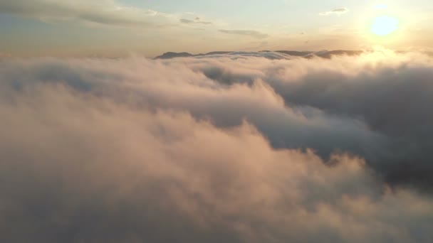 Vliegen door de wolken bij zonsondergang of zonsopgang. Vliegen in roze wolken in de zon. Luchtfoto. Noordelijke Kaukasus — Stockvideo