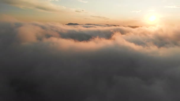 Bulutlara aracılığıyla dusk veya şafak uçan. Pembe bulutlar güneşin uçan. Havadan görünümü. Kuzey Kafkasya — Stok video