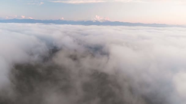 Létání nad mraky, za soumraku nebo za svítání. Létání nad mraky ve směru vysoké zasněžené hory. Letecký pohled. Severní Kavkaz — Stock video