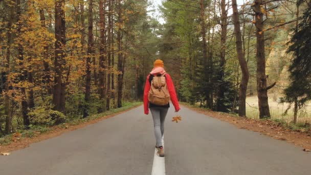 Молода струнка дівчина в жовтому капелюсі і вінтажний рюкзак прогулюється асфальтовою дорогою в осінньому жовтому хвойному лісі. Вид ззаду — стокове відео