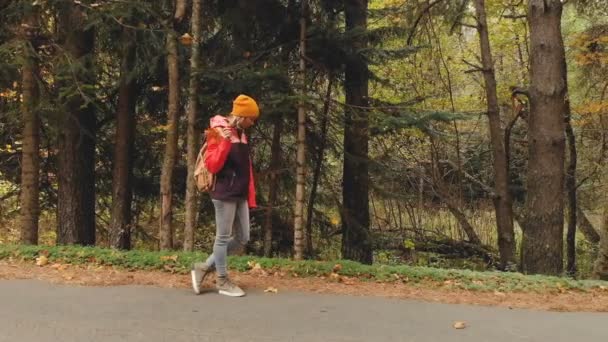 Λεπτή κοπέλα με το κίτρινο καπέλο και ένα vintage σακίδιο βόλτες κατά μήκος σε άσφαλτο στο δάσος το φθινόπωρο κίτρινου κωνοφόρων. Πλάγια όψη — Αρχείο Βίντεο
