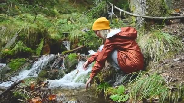 Ein hübsches Mädchen mit Mütze sitzt am Ufer eines Gebirgsbaches in einem Nadelwald und benetzt ihre Hände in klarem Wasser — Stockvideo