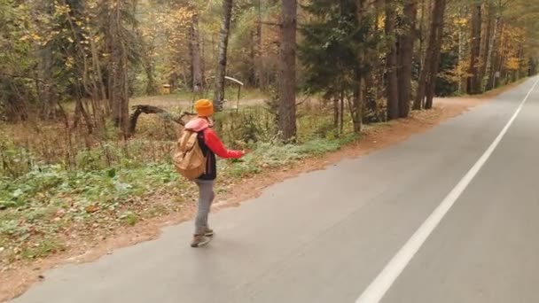 Mladá štíhlá dívka v žlutém klobouku a vintage batoh chodí po asfaltové silnici v podzimní žlutá jehličnatého lesa. Bokorys zpět — Stock video