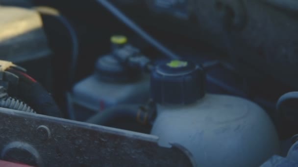 Close-up meisje robotarm het deksel van een tank met vloeistof onder de motorkap van haar auto. Auto zorg — Stockvideo