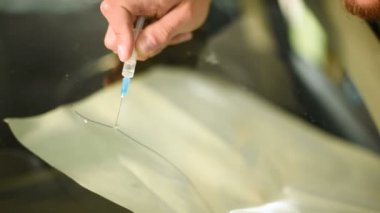 Bir erkekte profesyonel atölye Close-up arabanın ön cam üzerinde çatlaklar giderilmesinde nişanlı. Belgili tanımlık çatlamak polimer ile doldurma