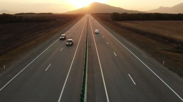 Vista aérea. Autopista y paso elevado con coches y camiones. El cruce de carreteras es un cruce de dos niveles fuera de la ciudad. Vista desde arriba — Vídeo de stock