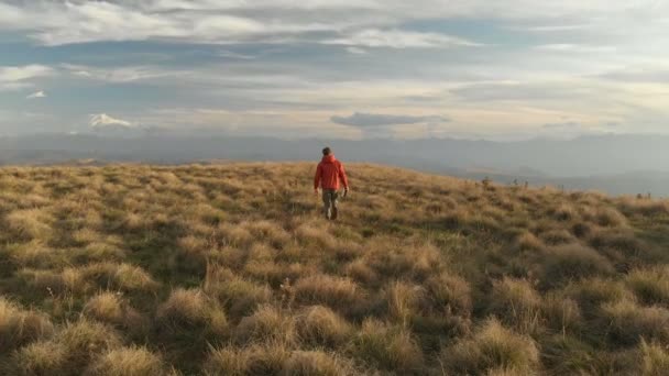 En Flygfoto över en skäggig hipster hane med en fjärrkontroll från ett drone promenader längs kanten av en högplatå nära en klippa i solnedgången. Killen går längs klippan — Stockvideo