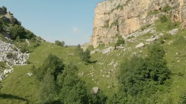 Vista aérea del barranco montañoso volador bajo entre rocas sobre árboles — Vídeos de Stock