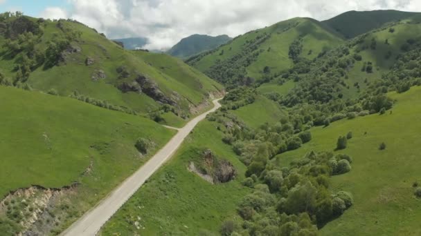 Luchtfoto van de vlucht over de groene gorge met asfaltweg — Stockvideo