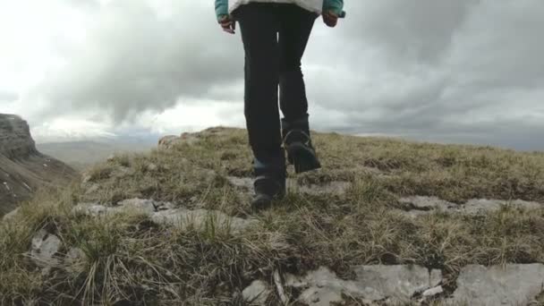 Flickan går i naturen på en platå bredvid en hög klippa. Resor-konceptet — Stockvideo