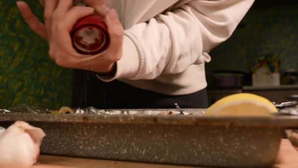 Крупным планом руки девушки на домашней кухне солят или перчат блюдо в продвине ручной мельницы. Здоровое домашнее питание — стоковое видео
