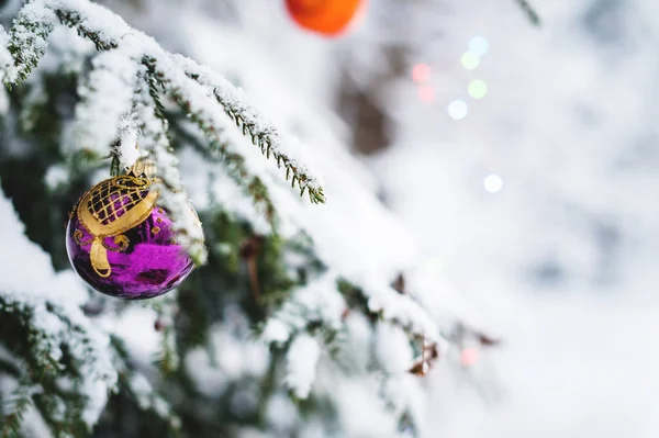 Primo piano di un giocattolo di Natale su un albero vivace e innevato nella foresta invernale sullo sfondo delle luci — Foto Stock