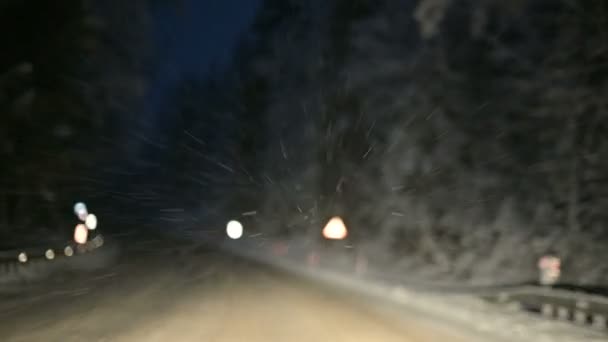 私たちは夜に雪に覆われた道の冬の森をドライブします フロント ガラスに飛んで雪の結晶に焦点を当てる — ストック動画
