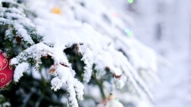 Gros plan d'un jouet de Noël sur un arbre animé enneigé dans la forêt d'hiver sur fond de lumières. Petit DOF 