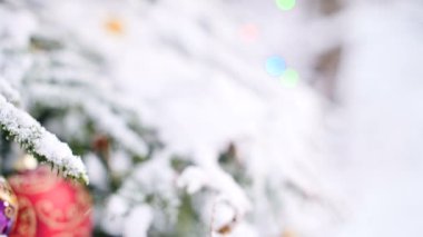 Bir Noel oyuncak bir karla kaplı canlı ağacındaki ışıklar arka plan üzerinde kış ormandaki Close-up. Küçük Dof