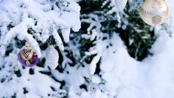 Close-up de um brinquedo de Natal em uma árvore animada coberta de neve na floresta de inverno no fundo das luzes — Vídeo de Stock