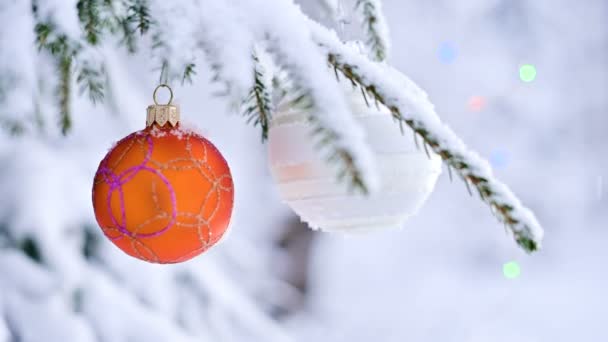 Close-up de um brinquedo de Natal em uma árvore animada coberta de neve na floresta de inverno no fundo das luzes. DOF pequeno — Vídeo de Stock