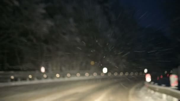 私たちは夜に雪に覆われた道の冬の森をドライブします。フロント ガラスに飛んで雪の結晶に焦点を当てる — ストック動画
