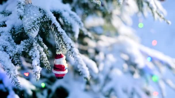 As mãos femininas close-up em mitenes tiram brinquedos em um inverno real de um ramo coberto de neve de uma árvore de Ano Novo — Vídeo de Stock