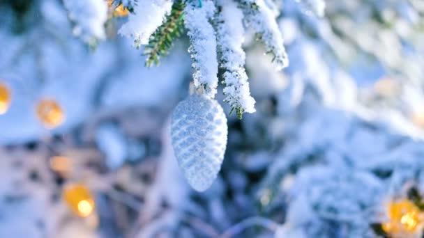Zblízka ženské ruce rukavice sundat hračky v skutečné zimě od zasněženou větev stromu nový rok — Stock video