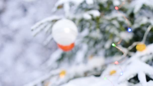 Close-up of a Christmas toy on a snow-covered lively tree in the winter forest on the background of lights. Small DOF — Stock Video