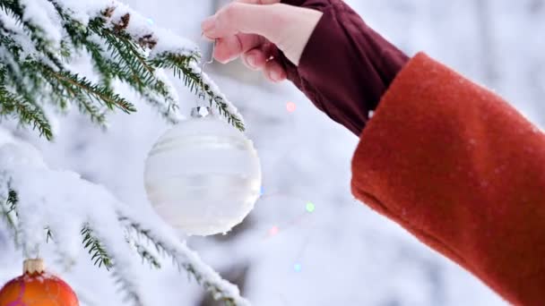 근접 여성 손 장갑 손 새 해 나무의 눈 덮인 지점에서 진짜 겨울에 크리스마스 장난감 장식 트리를 달아 — 비디오