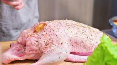 Pişirme kaz ve ördek yakın çekim hazırlığı. Ham karkas baharatlar ve tuz serpin. Elma ile Noel yemeği ördek kaz
