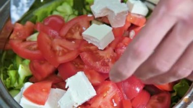 Kadın şef el Yunan vegan domates salatası zeytin ve marul yaprakları beyaz peynir küpleri koyarak kapatın. Sağlıklı beslenme ve yaşam tarzı kavramı