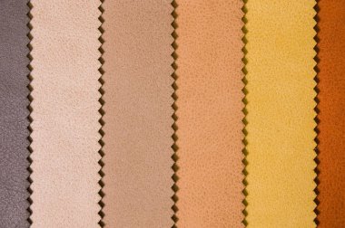 Renkli ve parlak kumaş deri mobilya ve giyim Döşeme örnekleri. Bir palet Tekstil soyut çizgiler farklı renkteki Close-up